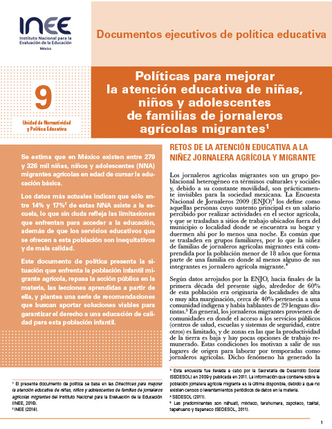 Políticas para mejorar la atención educativa de niñas, niños y adolescentes de familias de jornaleros agrícolas migrantes
